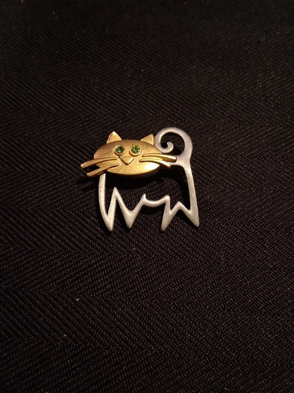 Gold and Silver Cat Pin Brooch with Green Gem Eyes Pet Lover Accessory Marked JJ